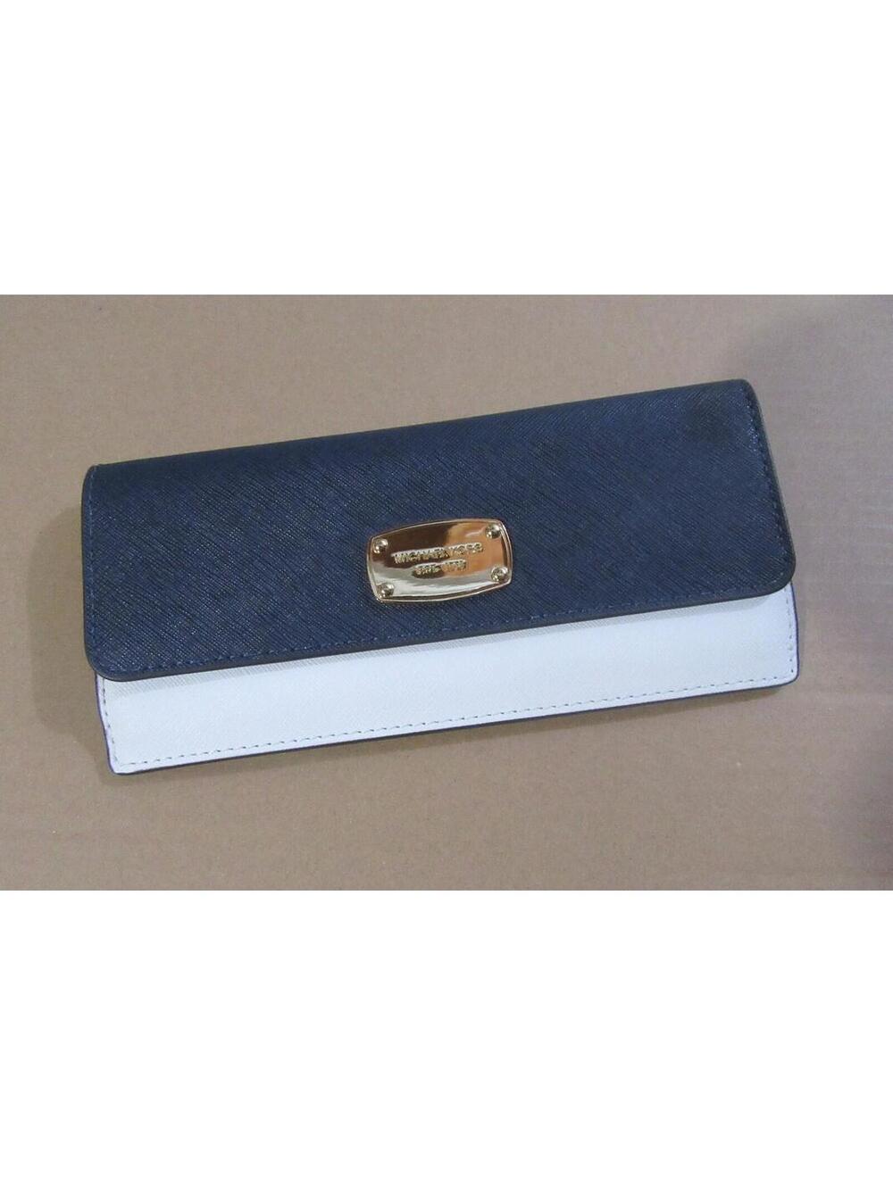 Michael Kors Jet Set Travel Leather Flat Wallet w Plaque Logo Navy/White NWT